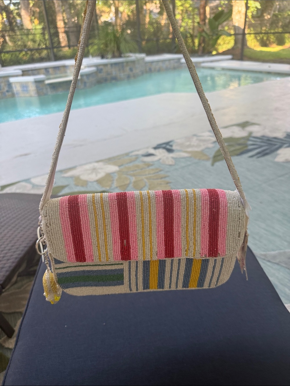 Striped Beaded Shoulder Bag - Pink & Multicolor